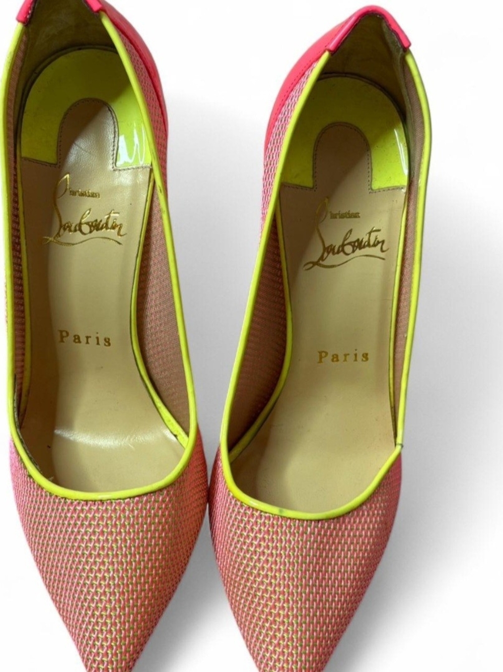 Christian Louboutin Coral-Pink Woven Pointed-Toe Pumps with Neon Yellow Trim